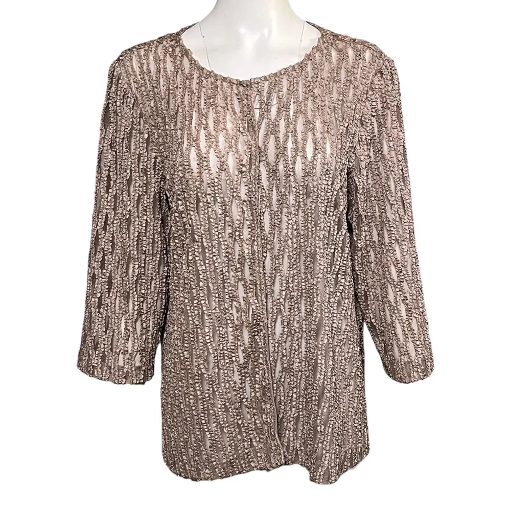 Alex Evenings Sheer Open Front Jacket Size 16 Taupe Metallic Mesh Cover Up